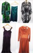 A vintage purple long evening dress with piquet detail around bust, a long green evening maxi, a