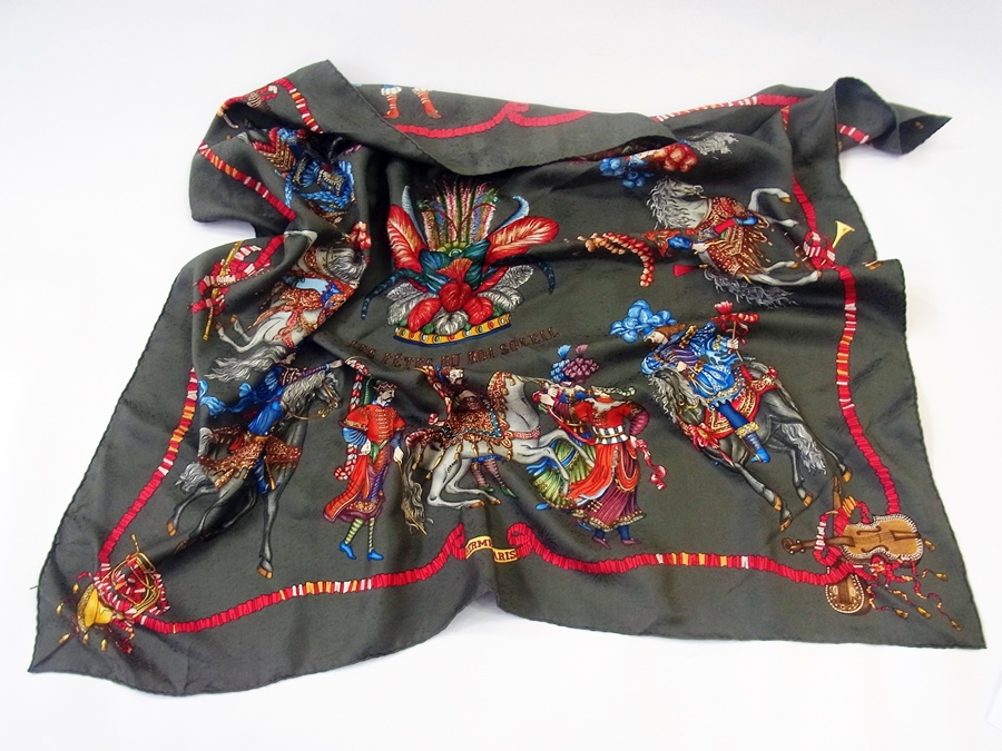 Hermes "Les Fetes du Roi soleil" silk scarf, decorated with figures and horses on a grey ground