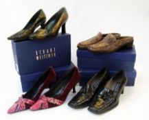 Four pairs of Stuart Weitzman for Russell and Bromley shoes, including black mock crocodile loafers,