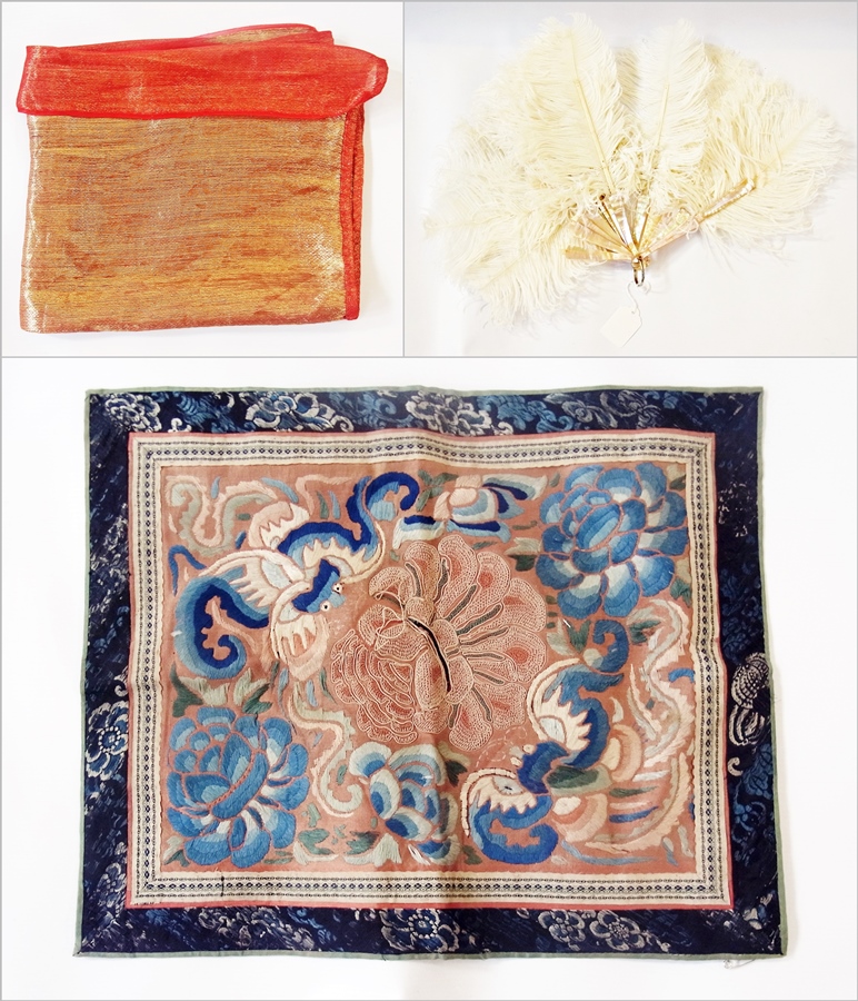 A mother-of-pearl and ostrich feather fan (af), a gilt gold thread shawl and a Chinese embroidered