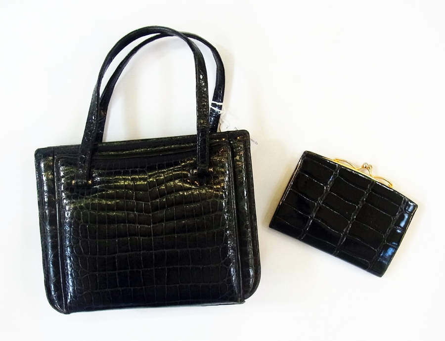 Black crocodile skin handbag, two-handled, rectangular, in three sections and a similar purse (2)