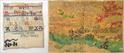 A 19th century sampler, with two alphabets, dated 1878, unframed, an oriental painted on paper