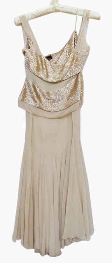 An "Amanda Wakeley" chiffon evening dress, the skirt with godets, the bodice heavily decorated in