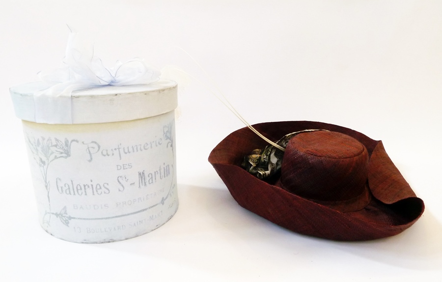 A quantity of hat boxes, cream and gold wedding hat, in box, box of feathers and another summer