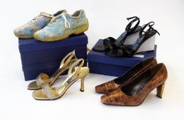 Four pairs of Stuart Weitzman for Russell and Bromley shoes, including pair gold beaded evening