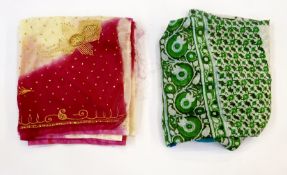 A quantity of sari material, other material (1 box) and long red turban with yellow border