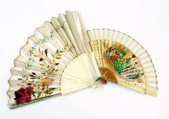 A bone and silk embroidered fan, embroidered with flowers, three wooden and paper fans, a