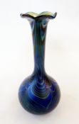 Okra blue glass vase, with serpentine everted rim, slender neck and bulbous body, blue lustre