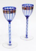 Pair Otto Prutscher for Meyr's Neffe painted cased and cut wine glasses, each with blue overlay