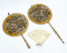 A bone brise fan (af) and two beaded face screens (3)