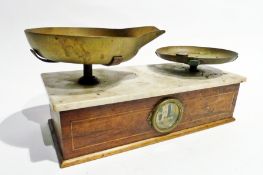 A set of Parnell & Sons, Bristol marble and inlaid wood shop balance scales with brass pans and dial