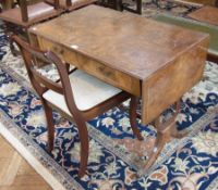 Reproduction figured walnut sofa table, having two real and two dummy drawers on lyre standard end