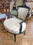 Victorian ebonised open arm tub chair having scroll pediment, padded central back, oval seat, on