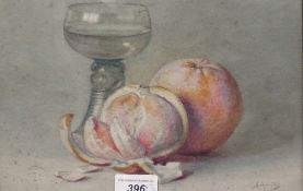 Three watercolour drawings
Adele Heiritz (circa 1893) 
Still-life studies of fruit, wine and