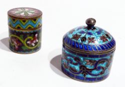 A small Oriental cloisonne trinket pot, circular with cover and another in turquoise and blue