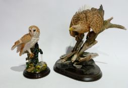 Four Country Artists figures, white tailed eagle, Harris hawk with mouse, barn owl and kestrel