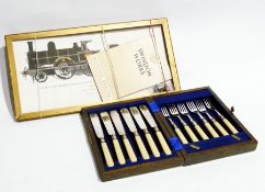 Quantity cigarette cards, EPNS set of fish knives, cased, black and white photograph of the World