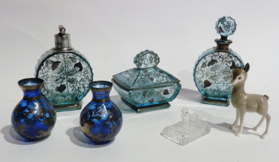 Italian Art Deco blue and silvered glass dressing table trio, viz:- scent bottle, disc shaped,