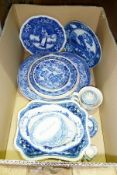 Two Copeland Spode "Who burnt the Tablecloth" small oval dishes, blue and white pottery meat