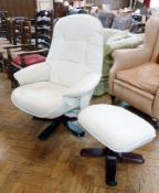 Modern cream leather recliner armchair on splayed quadruple base and the matching footstool