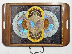 A 1920's/30's parquetry inlaid butterfly wing tray having two handles to the curved ends,