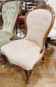 Victorian lady's carved walnut button-back drawing room chair with floral and scroll carved