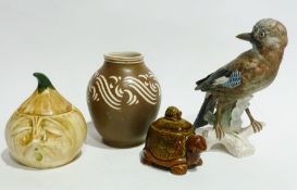 A Goebel model jay, pottery beehive honeypot, pickled onion pot and Pearson's of Chesterfield vase