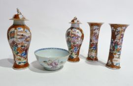 Garniture set of two pairs Chinese porcelain vases, one pair slender with everted rim, the other