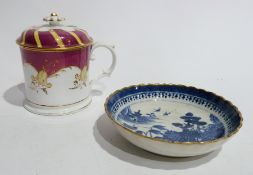 Royal Worcester china miniature basket, rose and gilt highlight decorated, Dresden can cup and