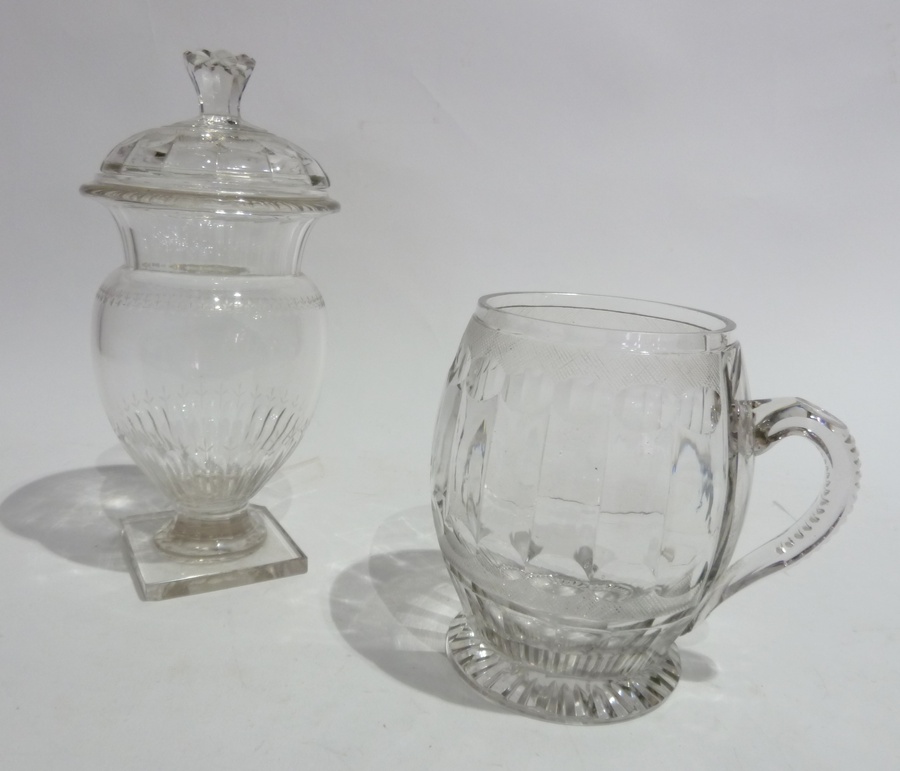 19th century cut glass footed canister and cover, ovoid with domed cover, the body partly fluted and