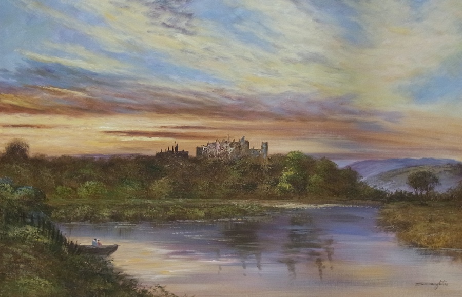 Oil on canvas
S Daughters 
Study of castle overlooking lake, signed, 59cm x 89cm
