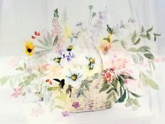 Colour print
Cecilia K Russell 
Still-life study of flowers in basket, signed, no. 808/850, 41cm x