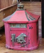 Victorian painted cast iron letterbox (pedestal missing), the sloping top with crown finial, the