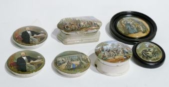 Pot lid "The Village Wedding" and base, another shaped rectangular with base, two pot lids "The Late