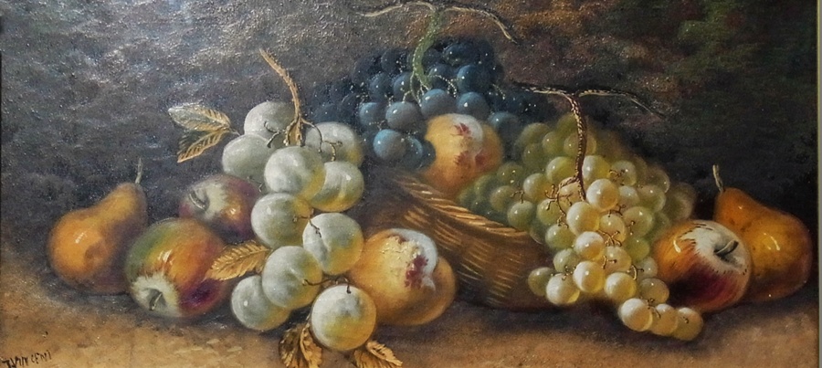 Oil on canvas
T. Vincent
Still-life of fruit in basket, signed, 29cm x 58cm