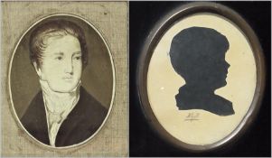 A silhouette in oval frame, signed M. Gill and a head and shoulders portrait of a young gentleman,