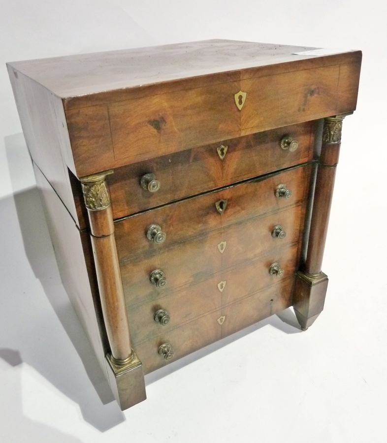 An early 19th century rosewood travelling drinks cabinet, the interior fitted with glass decanters