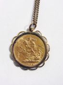 A Victorian gold sovereign pendant, 1898 upon a gold metal chain