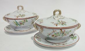 Pair early Victorian pottery sauce tureens, each oval with gilt wreath and ribbon handle, floral