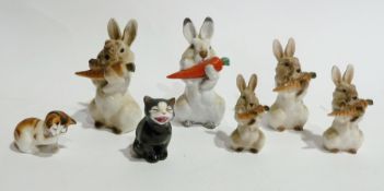 Five Russian model rabbits eating carrots, various sizes, Royal Doulton HN3583 kitten, another "