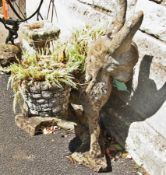 A stone donkey with two jardinere pots and a stone birdbath (2)