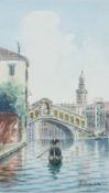 Watercolour drawing
Umberto Ongania 
Venetian scene of gondola on canal, signed, unframed, 17.5cm