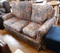 Three-seater sofa upholstered in floral and fruit decorated fabric and blue dralon square pouffe (2)