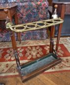 Victorian beech and brass-mounted stickstand with turned finials