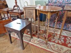 Oak hall glove box, on spirally turned supports with undershelf, oak occasional table with