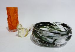 Whitefriars orange and clear glass vase, bark pattern, 16cm high, heavy studio glass bowl, green and