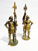 A pair brass figures of knights, pewter tray, tankards, spirit flask and a replica pistol (1 box)