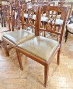 Pair reproduction mahogany dining chairs each with lattice splat, drop-in seat, on square tapering