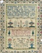 An early 19th century tapestry by Jane Bennett dated 1828 depicting verse, birds, trees and