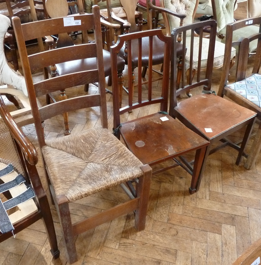 Arts and Crafts style oak rush-seated ladderback chair and two early 20th century bedroom chairs